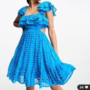 ASOS frill cutout mini skater dress in bright blue